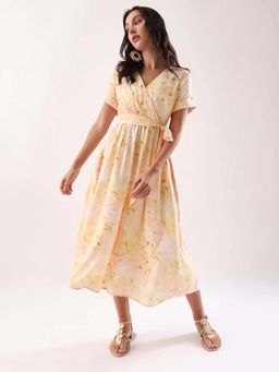 RAREISM - Women Polyester Printed Flared Dress with Belt- Yellow