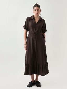 RAREISM - Women Viscose Solid Plain A-Line Dress with Belt- Brown