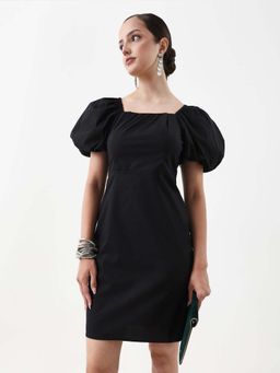 RAREISM - Women Solid Cotton Lycra Straight Dress- Black