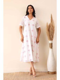 PR Label - Women Cotton Printed Regular Fit Midi Dress- White