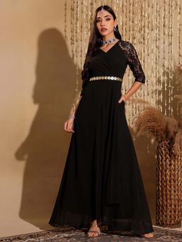 Miss Chase - Women Embellished Wrap Maxi Georgette Dress- Black