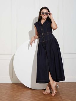 Miss Chase - Women Maxi-Length Light Weight Denim Shirt Dress with Belt- Navy Blue
