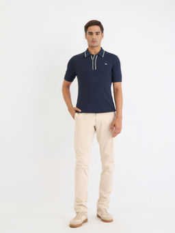 GANT - Men Navy Blue Ribbed Short Sleeves Polo T-Shirt