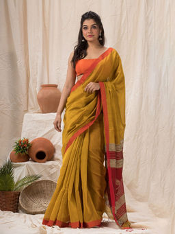 Angoshobha - Yellow Cotton Blended Traditional Jamdani Saree with Unstitched Blouse