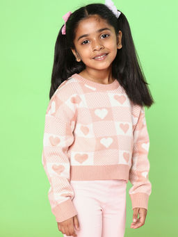 Nautinati - Girls Pink-White Heart All-Over Jacquard Acrylic Pullover Sweater
