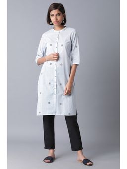 W - Blue Printed Kurta with Slim Pants (Set of 2)