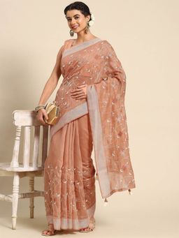 Odette - Peach Cotton Embroidered Saree with Unstitched Blouse