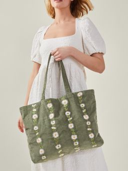 Accessorize London - Women's Green Daisy Embroidered Corduroy Shopper Tote Bag