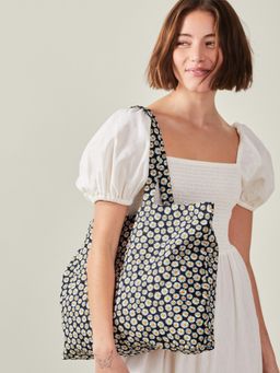 Accessorize London - Women's Navy Blue Daisy Print Cotton Shopper Tote Bag