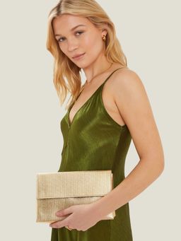 Accessorize London - Women's Gold Metallic Fold-Over Clutch