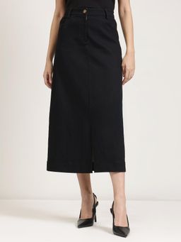 FableStreet - Denim Front Slit Skirt - Black
