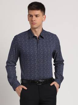 Turtle - Men Cotton Slim Fit Navy Printed Ceremonial Shirt