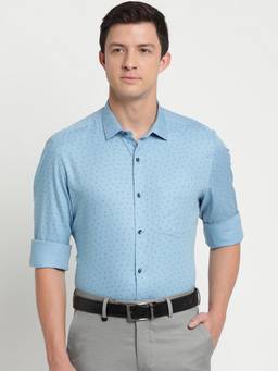Turtle - Men Cotton Slim Fit Sky Blue Print Full Sleeve Formal Shirt