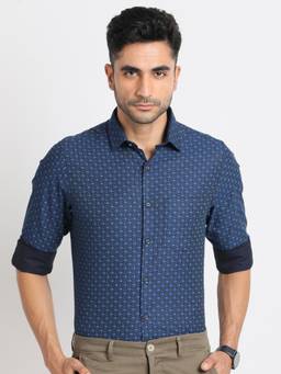 Turtle - Men Cotton Slim Fit Navy Printed Ceremonial Shirt