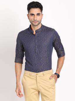 Turtle - Men Cotton Navy Blue Self Design Full Sleeve Ceremonial Shirt