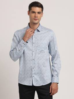 Turtle - Men Cotton Tencel Slim Fit Blue Printed Ceremonial Shirt