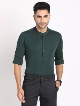 Turtle - Men Knitted Dark Green Solid Slim Fit Ceremonial Kurta