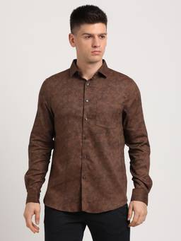 Turtle - Men Cotton Slim Fit Brown Printed Ceremonial Shirt