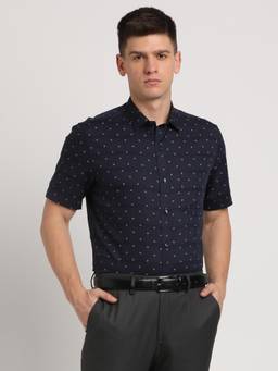 Turtle - Men Cotton Tencel Navy Blue Printed Regular Fit Formal Shirt