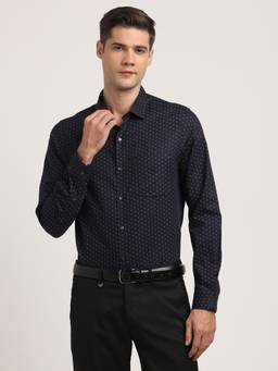 Turtle - Men Cotton Slim Fit Navy Blue Print Full Sleeve Formal Shirt
