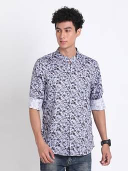Turtle - Men Cotton Tencel Slim Fit Blue Printed Ceremonial Shirt