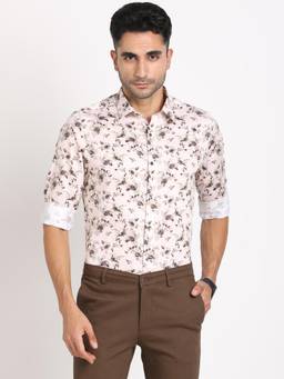 Turtle - Men Cotton Tencel Slim Fit Light Cream Printed Ceremonial Shirt