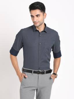 Turtle - Men Cotton Tencel Navy Print Slim Fit Formal Shirt
