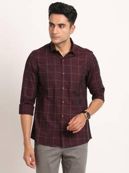 Turtle - Men Cotton Slim Fit Purple Checks Casual Shirt