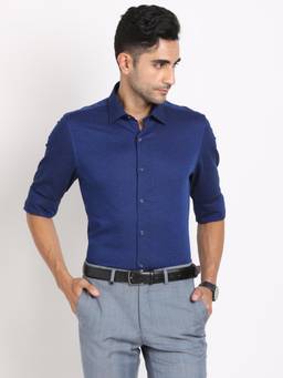 Turtle - Men Cotton Blue Textured Slim Fit Ceremonial Shirt