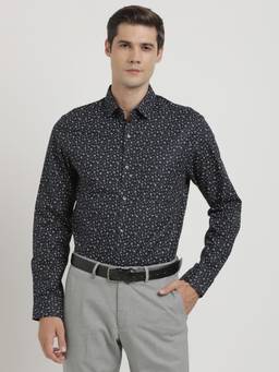 Turtle - Men Cotton Slim Fit Navy Blue Print Full Sleeve Formal Shirt