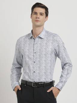 Turtle - Men Cotton Tencel Slim Fit Grey Print Full Sleeve Ceremonial Shirt
