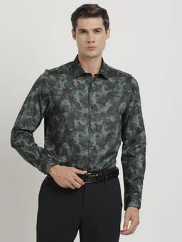 Turtle - Men Cotton Tencel Slim Fit Dark Green Print Full Sleeve Ceremonial Shirt