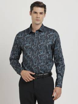 Turtle - Men Cotton Tencel Slim Fit Navy Blue Printed Full Sleeve Ceremonial Shirt