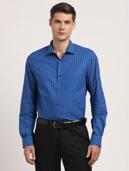 Turtle - Men Cotton Blue Check Slim Fit Formal Shirt