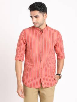 Turtle - Men Cotton Linen Orange Stripes Slim Fit Casual Shirt