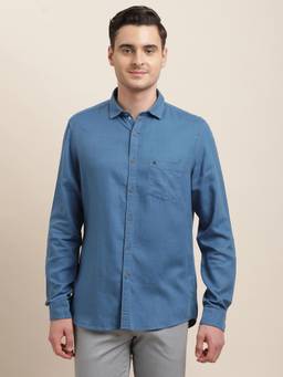 Turtle - Men Cotton Lyocell Slim Fit Blue Solid Full Sleeve Casual Shirt