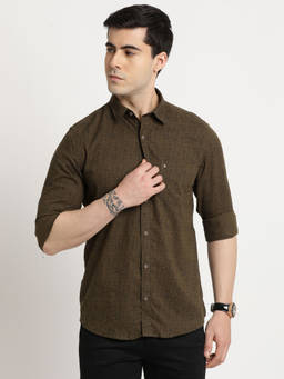 Turtle - Men Khadi Slim Fit Brown Printed Full Sleeve Casual Shirt
