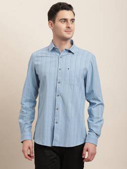 Turtle - Men Khadi Slim Fit Stripe Light Blue Casual Shirt