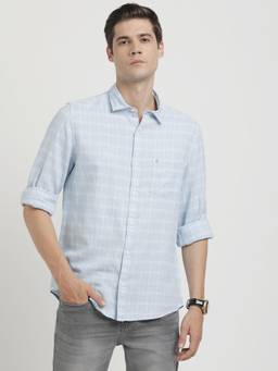 Turtle - Men Cotton Linen Light Blue Check Slim Fit Casual Shirt