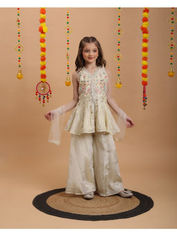 Tiny Kingdom - Girls Cream Embroidered Kurti & Palazzo with Dupatta