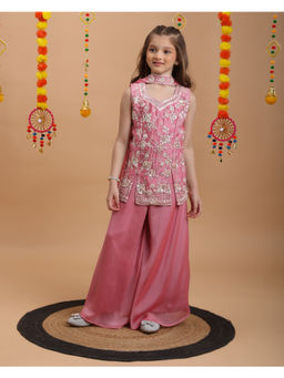 Tiny Kingdom - Girls Pink Embroidered Kurti & Palazzo with Dupatta