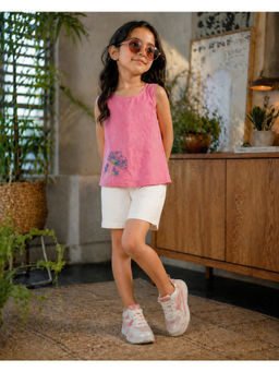Superminis - Girls Pink Cotton Embroidered Sleeveless Top with Shorts