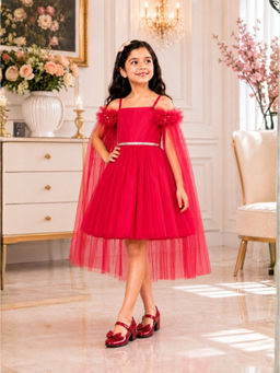 Superminis - Girls Magenta Net Shoulder Strap Knee Length Party Dress