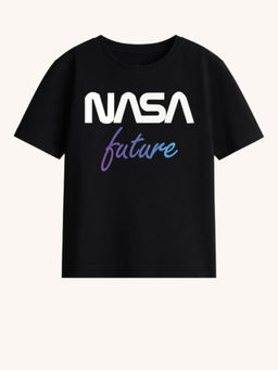 BLUSHES - 100% Cotton Knit Half Sleeve Nasa Future Text Printed T-shirt - Black