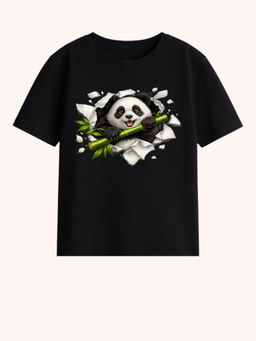 BLUSHES - 100% Cotton Knit Half Sleeve Happy Panda Printed T-shirt - Black