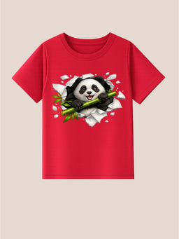 BLUSHES - 100% Cotton Knit Half Sleeve Happy Panda Printed T-shirt - Red