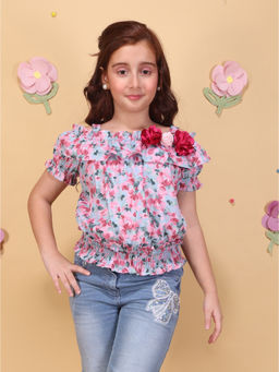 Cutecumber - Girls Grey Floral Print Top