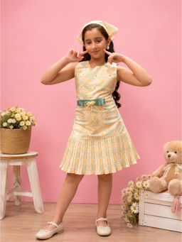 Cutecumber - Girls Yellow Floral Printed Knit Fit & Flare Dress