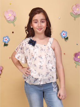 Cutecumber - Girls Beige Floral Georgette Top