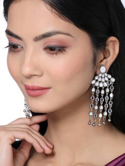 VIRAASI - Antique Oxidised Silver Mirror Work Big Drop Earrings for Women and Girls